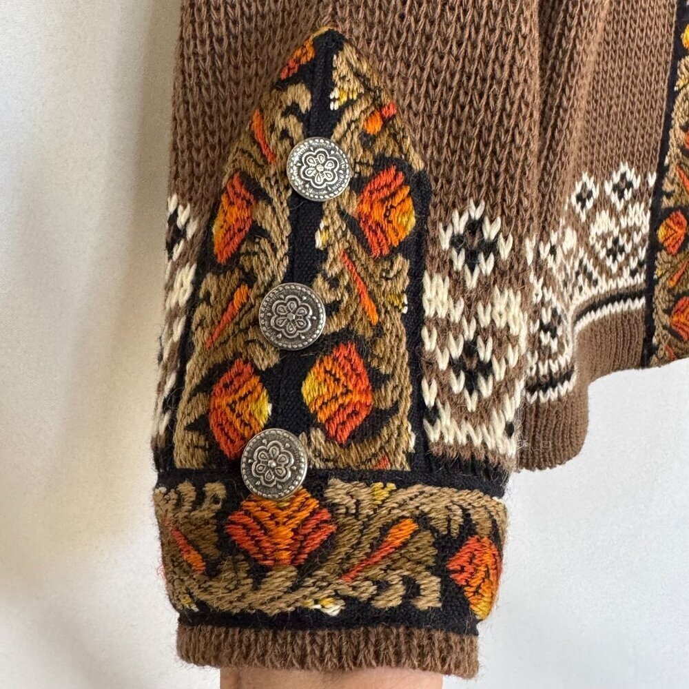 Women's Brown Fair Isle Cardigan Sweater with Embroidered Trim - Picture 4 of 16